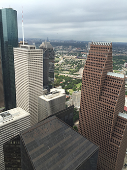 In the photo, to the far left, one can see the second tallest building in Texas, the 71 story Wells Fargo Plaza (WFP). 